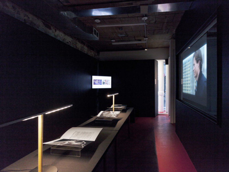 P!,  Exhibition view featuring Åbäke, Pieta in Reverse, 2012; Oliver Laric, Versions (Mandarin version), 2013; Amie Siegel, Berlin Remake, 2005